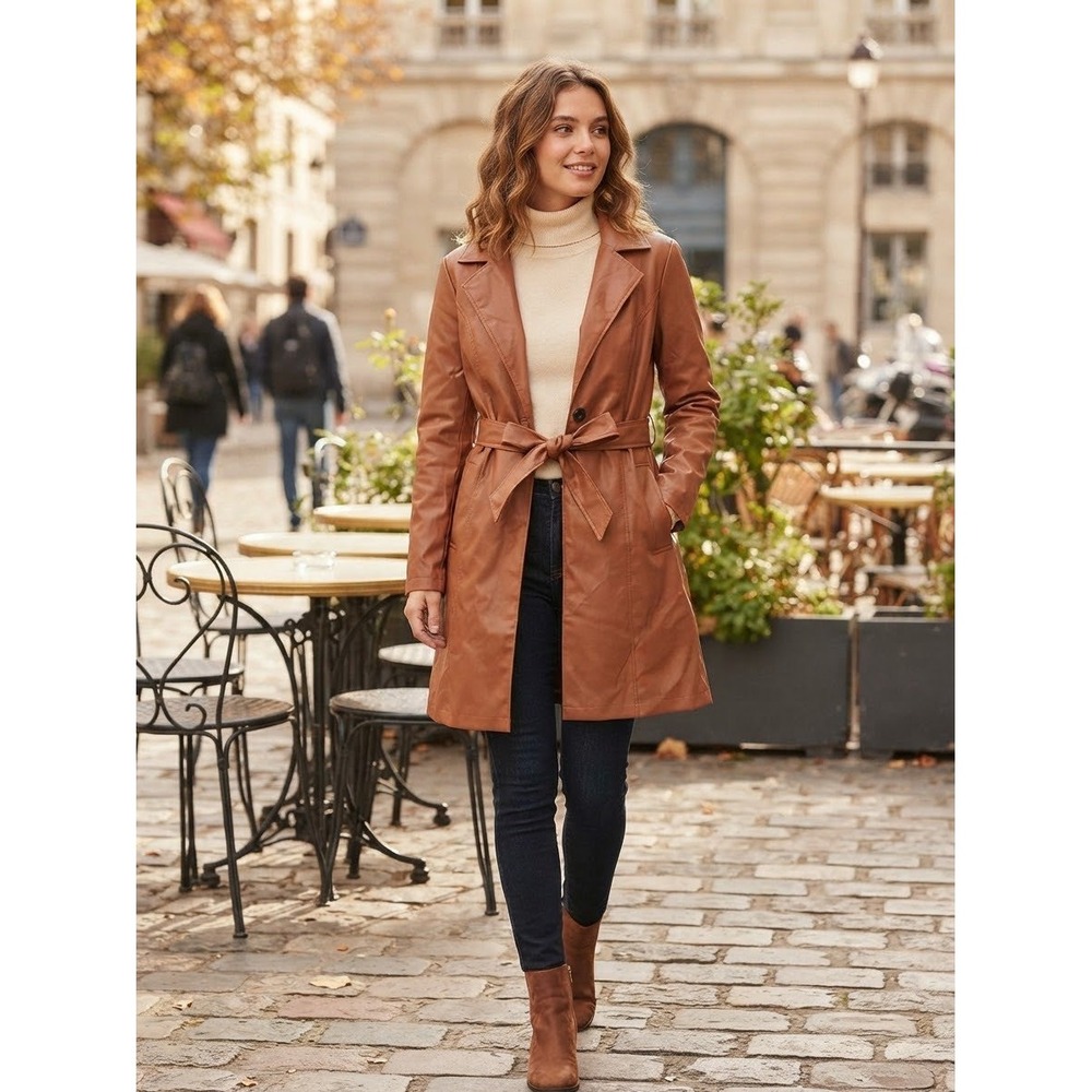 Utcoco Faux Leather Trench Coat Brown Belted Jacket Size M NEW